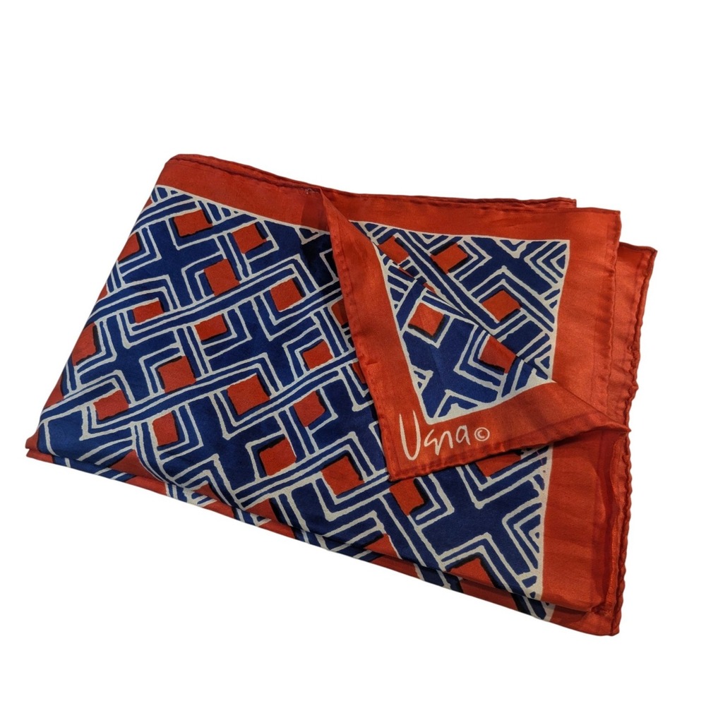 Vintage Silk Scarf Large Geometric‎ Pattern Red Blue White Designer Square READ